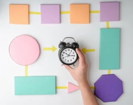 Steps to save your time. Beautiful 3D paper flowchart with a vintage alarm clock Stock Photos