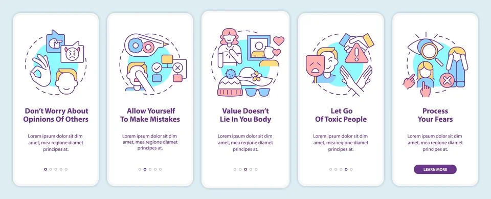 Steps to self love onboarding mobile app screen Stock Illustration