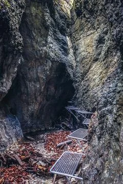 Steps in Sucha Bela canyon trail in Slovak Paradise park in Slovakia Fotos Stock