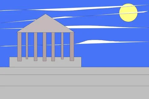 Steps up to the temple, background blue sky, white clouds and sun, illustration Stock Illustration