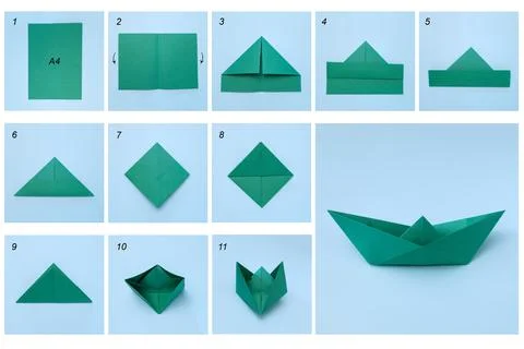 Steps, tutorial making paper ship origami. Stock Photos