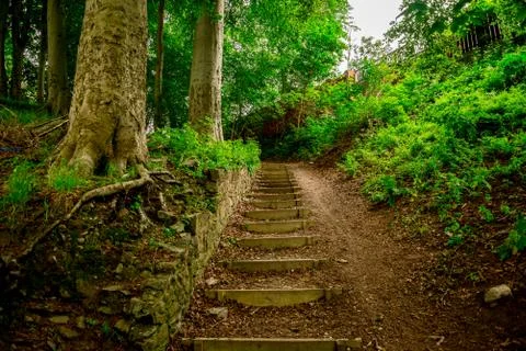 Steps to walk up the hill from river Don in Seaton park, Aberdeen, Scotland Stock Photos