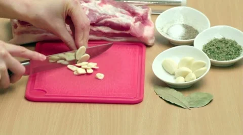 Stepwise preparation of delicious fat piece of pork Stock-Footage 7740887