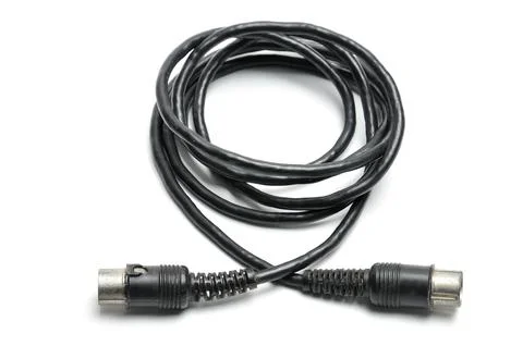 Stereo analog cable with DIN plug on white background Stock Photos