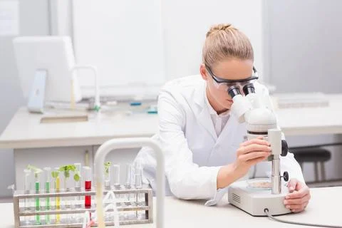 Stereo microscope magnifying plant sample on lab bench with colored test tubes Stock Photos