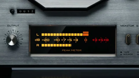 Stereo retro peak meter with orange and red colors. Realistic animation Stock Footage 143226754