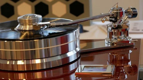 Stereo turntable vinyl record player. Audiophile HiFi luxury components. Stock Footage 125607013