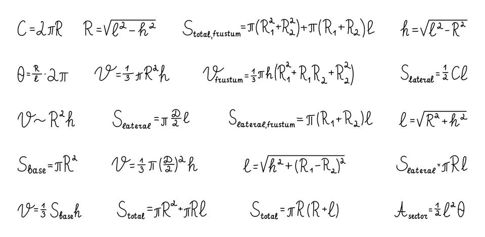 Stereometry cone formula set Stock Illustration