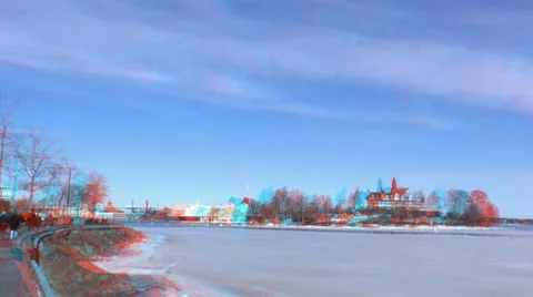 Stereoscopic 3D Helsinki 9 - cafeteria on island Stock Footage