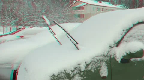 Stereoscopic 3D time-lapse of cleaning car window after snow storm 1 combo Stock Footage