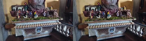 Stereoscopic 3D view : Traditional crib in a little church Stock Footage 296493739