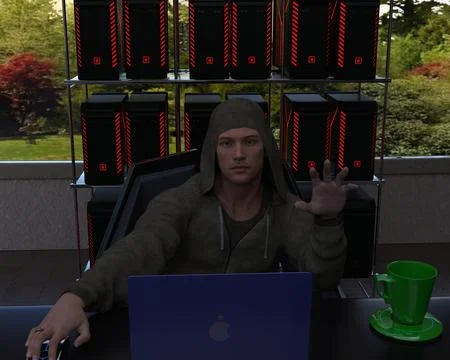 Stereotypical hacker in front of cracker low light image 스톡 일러스트