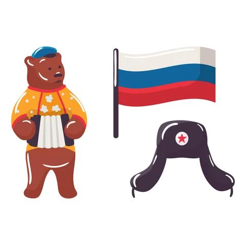 Stereotypical slavic stuff, bear ushanka hat hold and play accordion, russian Stock Illustration