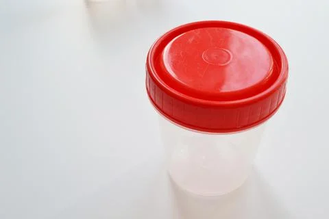 Sterile clear empty plastic container for analysis. Stock Photos