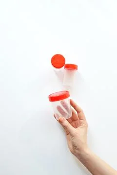 Sterile clear empty plastic container for analysis. Stock Photos