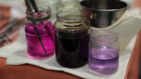Sterile containers with disinfectant are on the table in the operating room Video stock 70809003