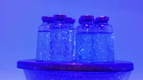 Sterile lab bottles with solution vaccine under ultraviolet light type C Stock Footage 311397377