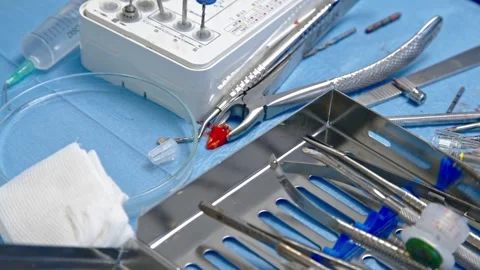 Sterile prepared dental extraction tools. Stainless steel tools for surgery 스톡 동영상 300578042