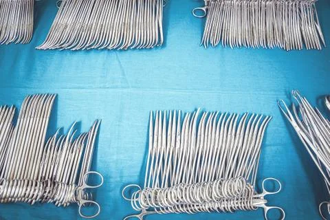 Sterile surgical instruments on the table. Stock Photos