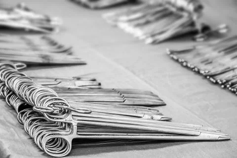 Sterile surgical instruments on the table. Stock Photos