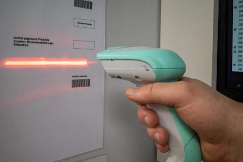 In a sterilization department a barcode is read with a scanner Stock Photos
