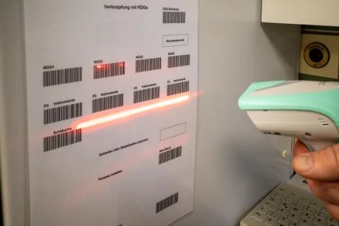 In a sterilization department a barcode is read with a scanner Foto stock