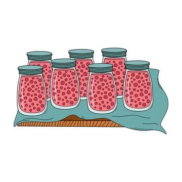 Sterilized jars of preserves cool down on covered work surface Stock Illustration