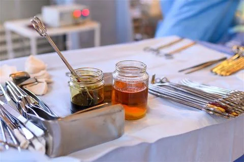 Sterilized surgical instruments and tools on the table. Stock Photos