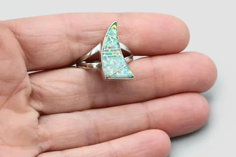 Sterling Opal Inlay Ring, 925 Silver Triangle Ring, White Rainbow Stone Stock Photos