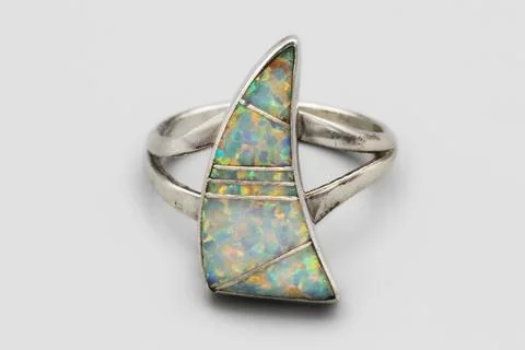 Sterling Opal Inlay Ring, 925 Silver Triangle Ring, White Rainbow Stone Stock Photos