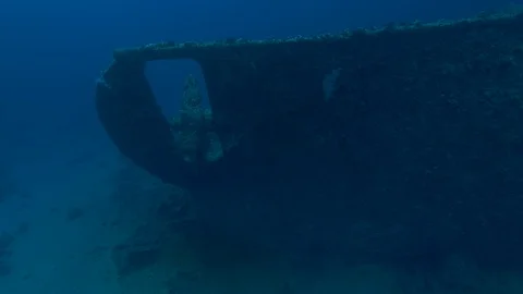 Stern and propeller in hull overturned of the shipwreck Dunraven, Red Sea, Egypt Stock Footage 105578460