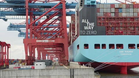 Stern of the Ane Maersk methanol container ship under gantry cranes, Hamburg Stock Footage 270488232