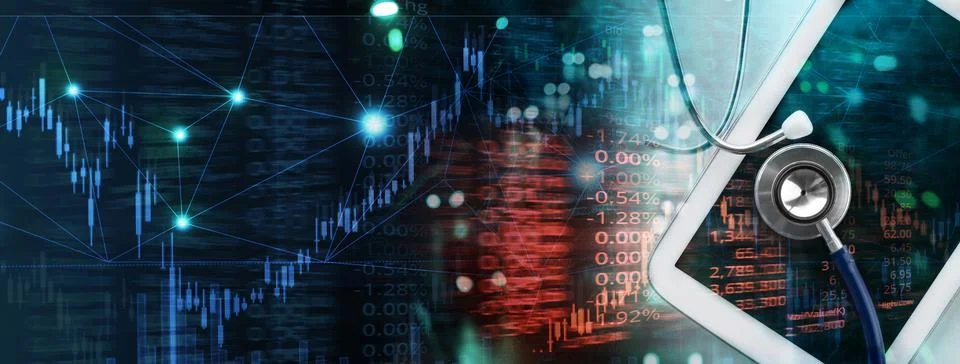Stethoscope and computer tablet with graph of stock market in medical health 写真素材