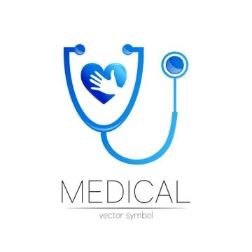 Stethoscope and heart with hand vector logotype in blue color. Medical symbol Stock Illustration