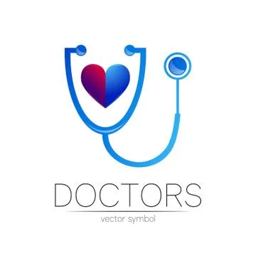 Stethoscope and human heart vector logotype in blue color. Medical symbol for Stock Illustration