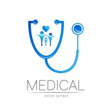 Stethoscope and people vector logotype in blue color. Medical symbol for doctor Illustrazione stock