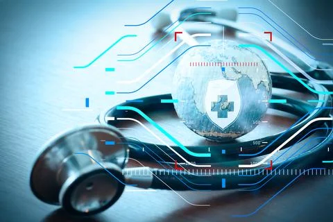 Stethoscope and texture globe with digital tablet as medical network concept Stock Photos