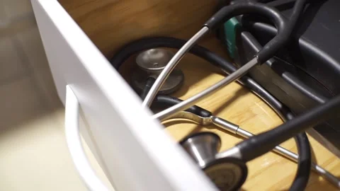 Stethoscope in a cabinet drawer Stock Footage 145783762