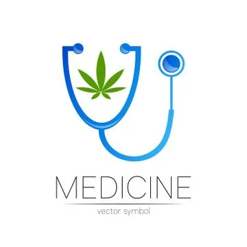 Stethoscope, cannabis vector logotype in blue color. Medical marijuana symbol Illustrazione stock