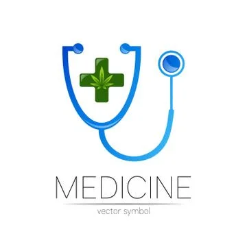 Stethoscope, cannabis vector logotype in blue color. Medical marijuana symbol Stock Illustration