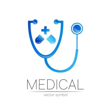 Stethoscope, capsule pill, cross vector logotype in blue color. Medical symbol Stock Illustration