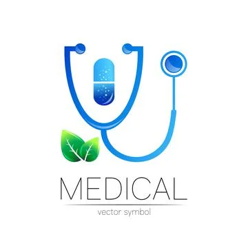 Stethoscope, capsule pill with leaf vector logotype in blue color. Medical Stock Illustration