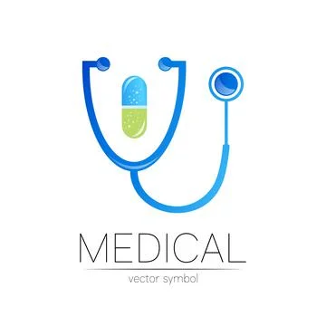 Stethoscope, capsule pill vector logotype in blue color. Medical symbol for Stock Illustration