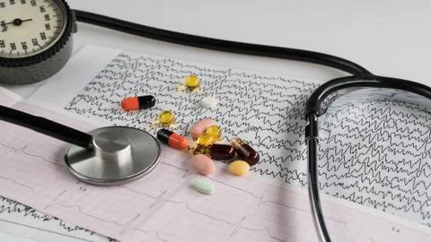 Stethoscope with cardiogram Stock Photos