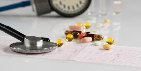 Stethoscope with cardiogram Stock Photos