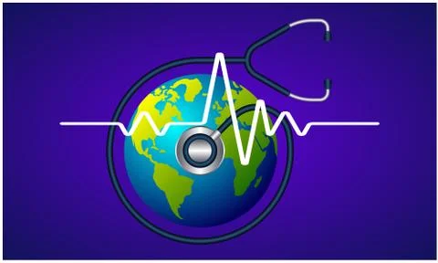 Stethoscope checking heartbeat of earth on abstract background Illustrazione stock