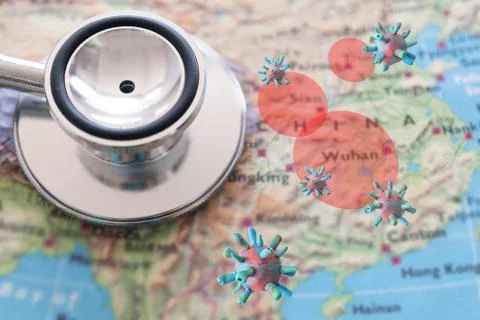 Stethoscope on China map background. outbreak of the virus covid-19 in China Stock Photos
