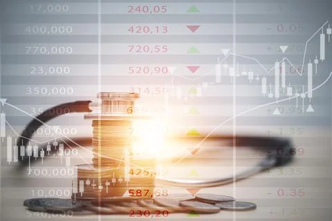 Stethoscope on coin stack on white background, stethoscope checking stack of  Stock Photos