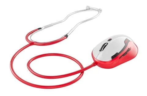Stethoscope with computer mouse, medical help online concept. 3D rendering Illustrazione stock