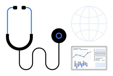Stethoscope connected to a device displaying statistical data charts, global  Stock Illustration
